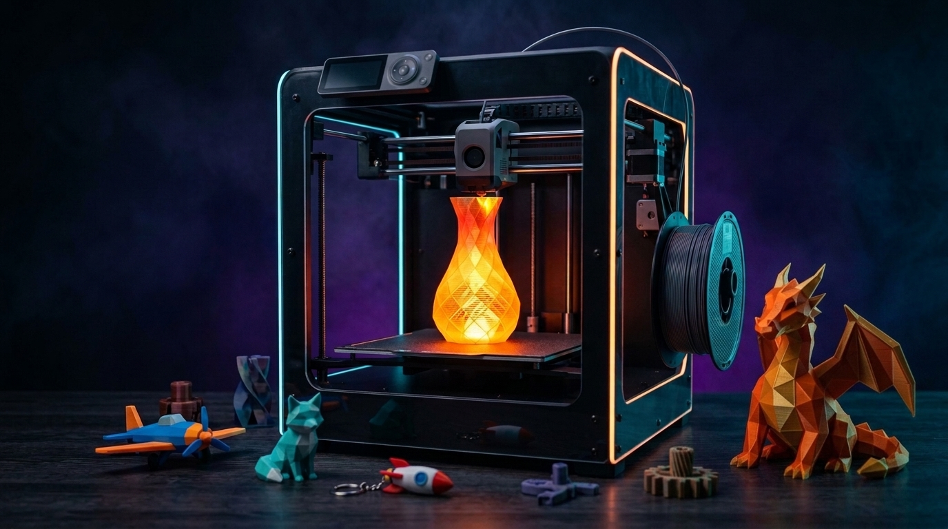 Impressora 3D da Uni3D imprimindo um vaso geométrico